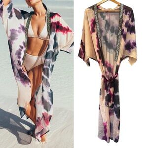 Suki So Purple Pink Tie Dye Goddess Kimono Open Front One Size Swim Cover Up